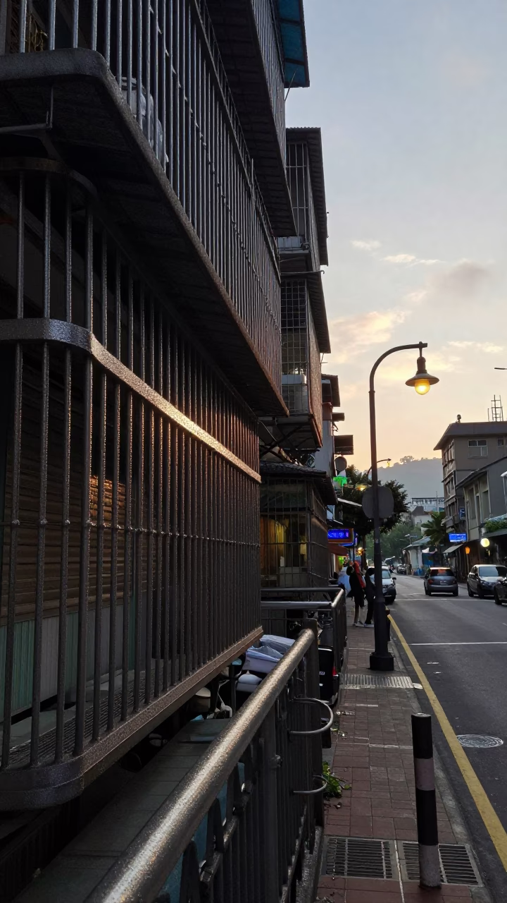 Taipei Nautical Dawn Street Scene with Condensation and Lantern Glow in in Taipei, Taiwan