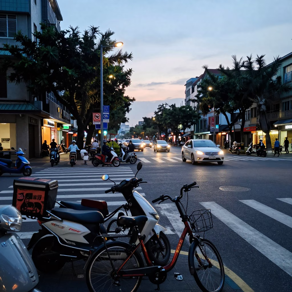 Taipei Nautical Dawn Street Scene with Electric Bicycles and Modern Architecture in in Taipei, Taiwan