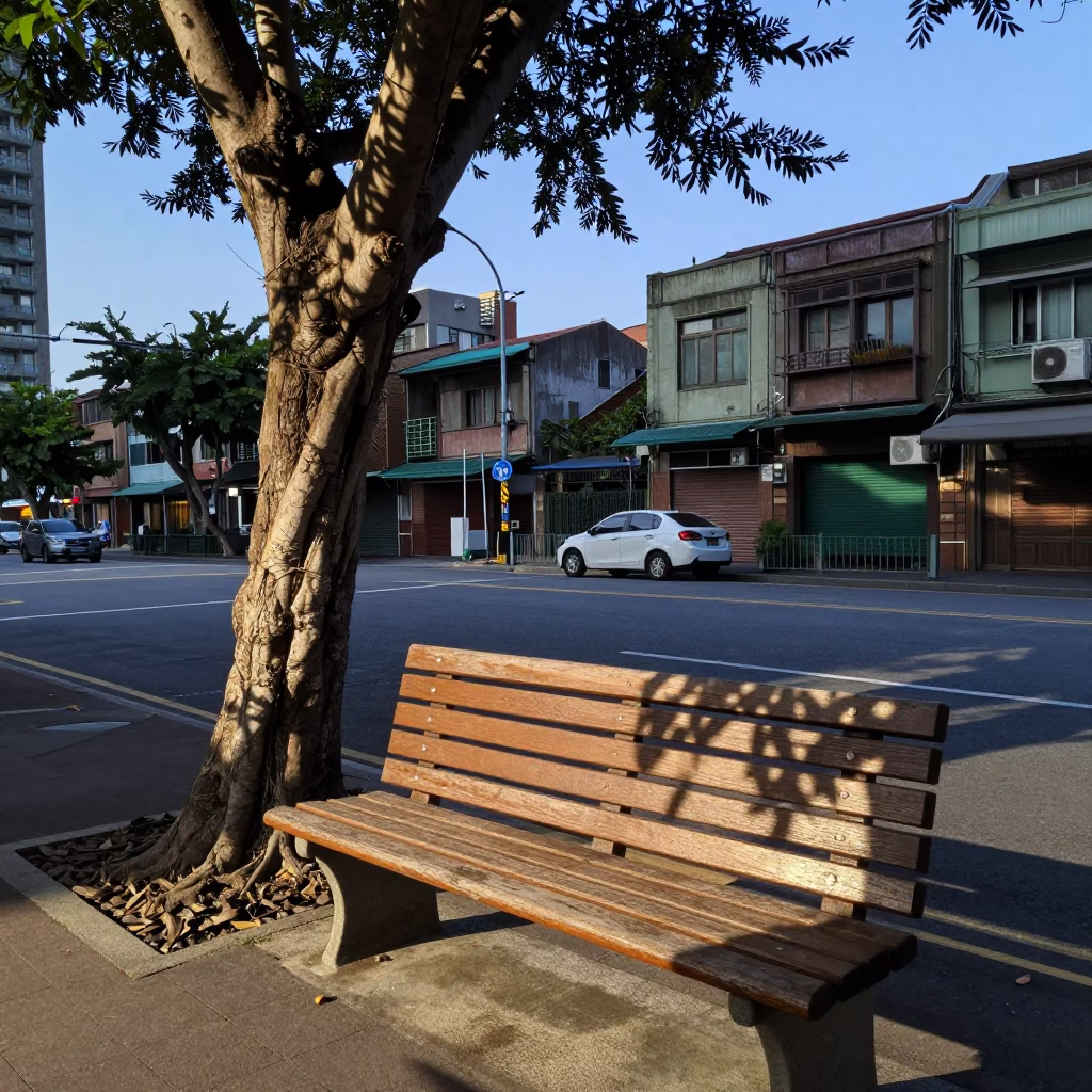Taipei Nautical Dawn Street Scene with Leaf Shadows and Wooden Bench in in Taipei, Taiwan