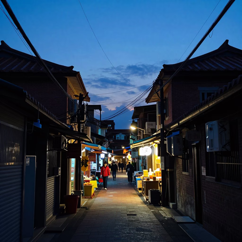 Taipei Night Market Alley at Nautical Dawn with Street Vendor and Umbrella in in Taipei, Taiwan