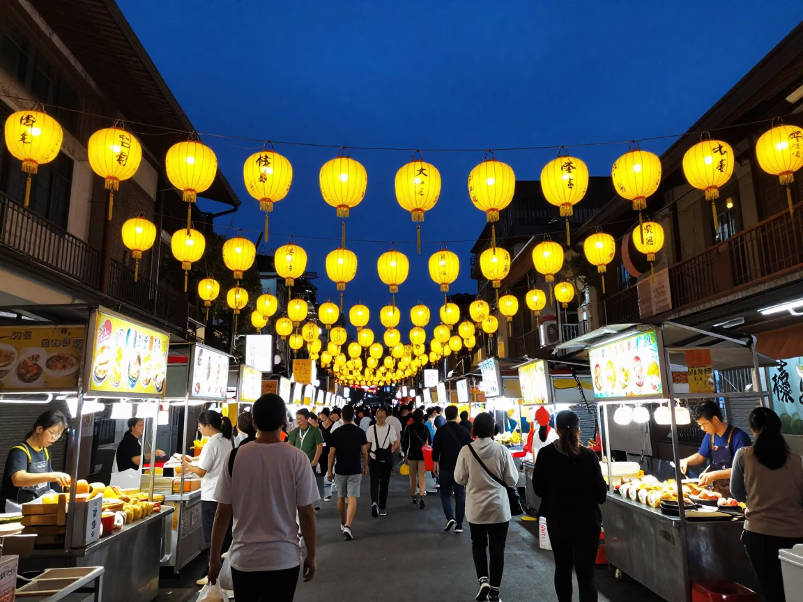 Taipei Night Market Blue Hour Lanterns Steam and Street Food Vendors in in Taipei, Taiwan