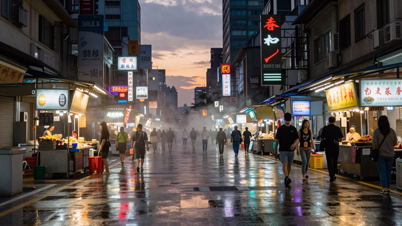 Taipei Night Market Dawn Steam and Neon Reflections on Wet Pavement in in Taipei, Taiwan