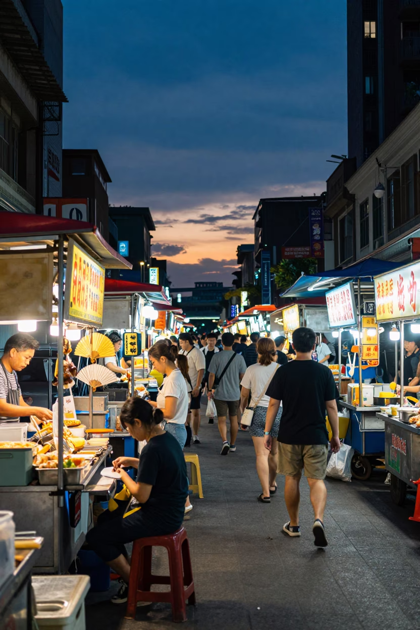 Taipei Night Market Evening Scene with Paper Fans and Brass Tray in Busy Street in in Taipei, Taiwan
