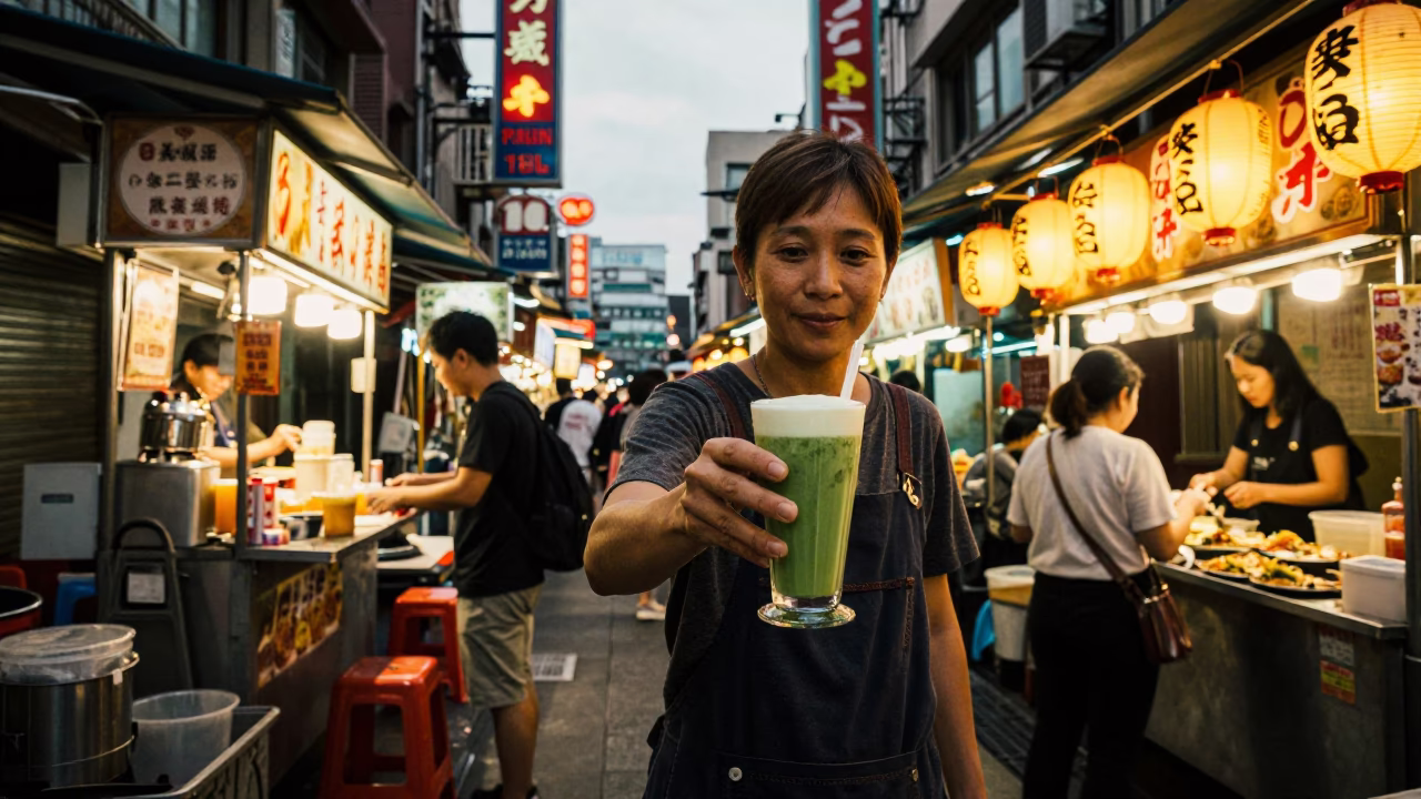 Taipei Night Market Food Stall with Matcha Latte and Yellow Taxi in Early Evening in in Taipei, Taiwan