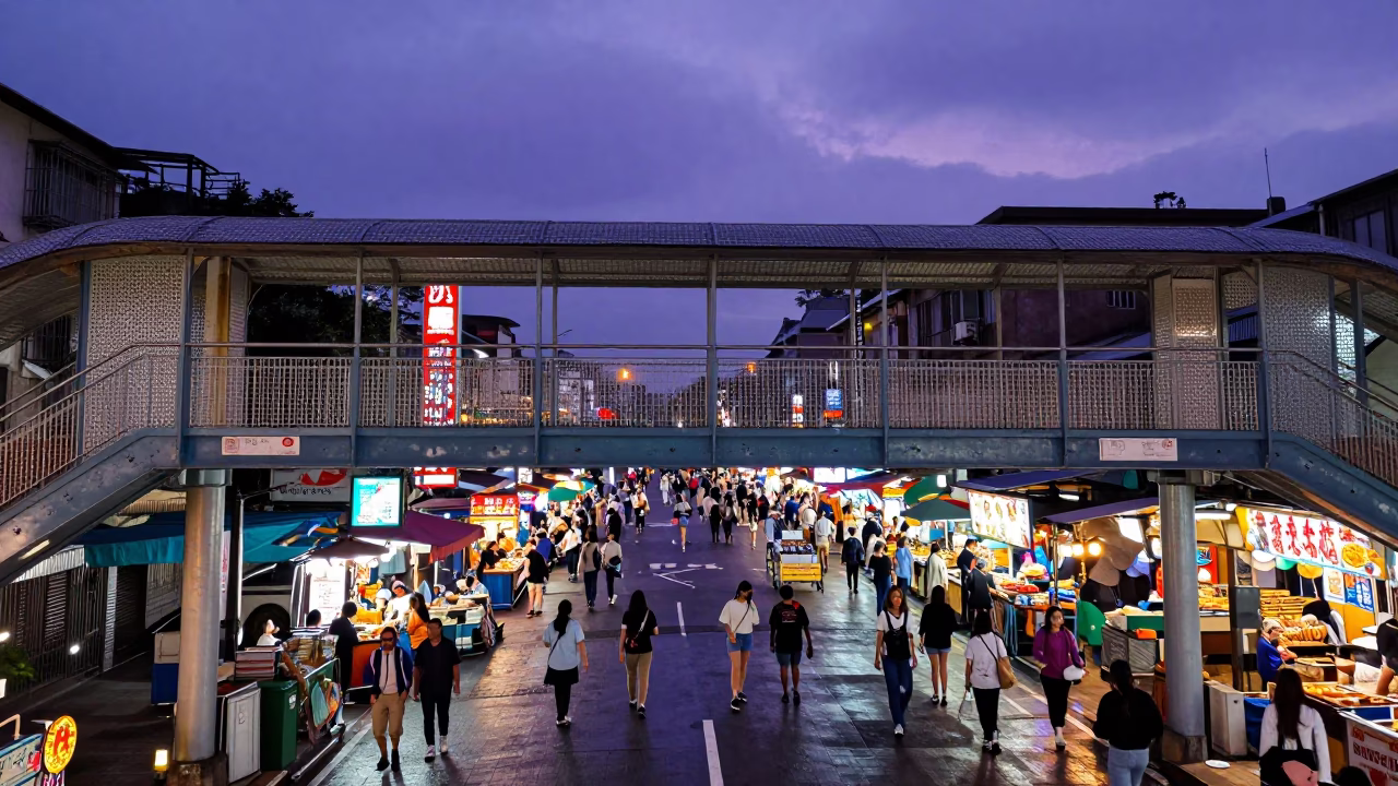 Taipei Night Market Pedestrian Overpass in Indigo Twilight with Wet Footsteps and Neon Reflections in in Taipei, Taiwan