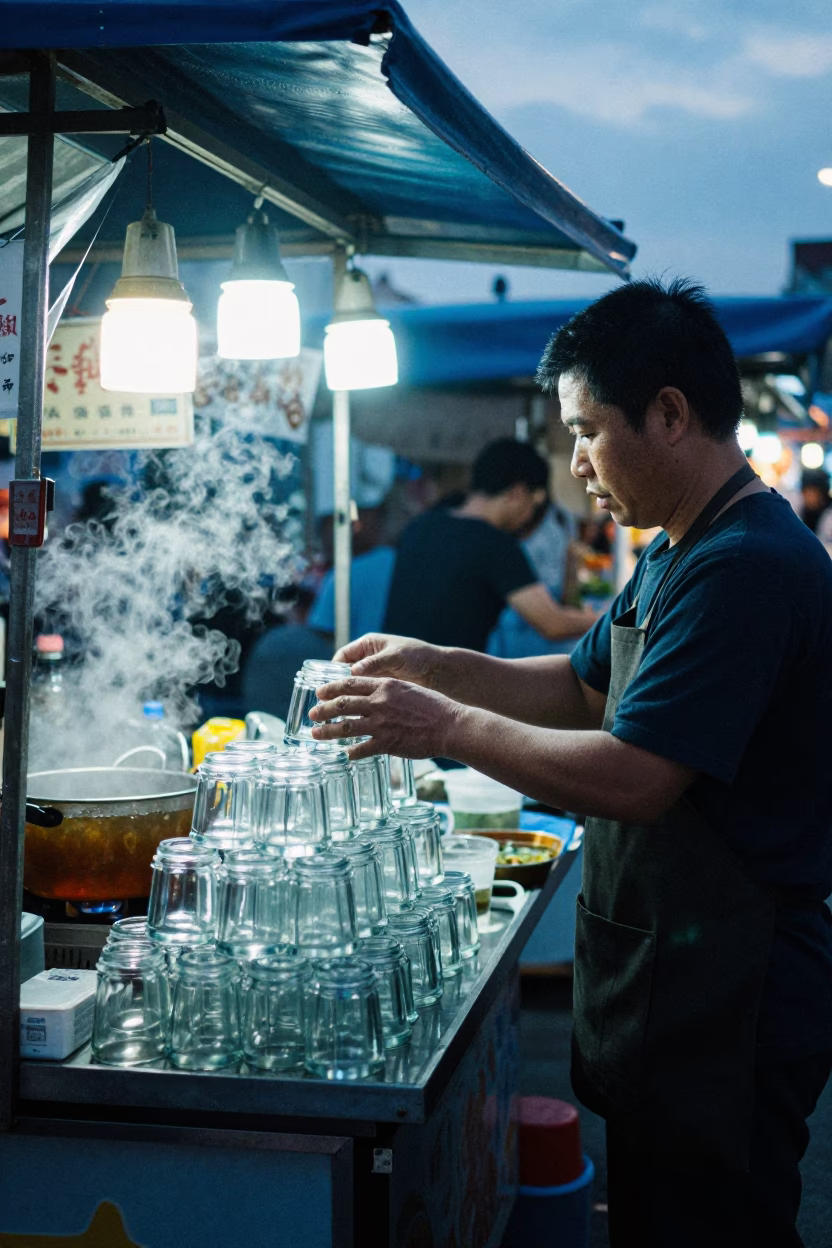 Taipei Night Market Stall at Nautical Dawn with Glass Cup and Hibiscus in in Taipei, Taiwan