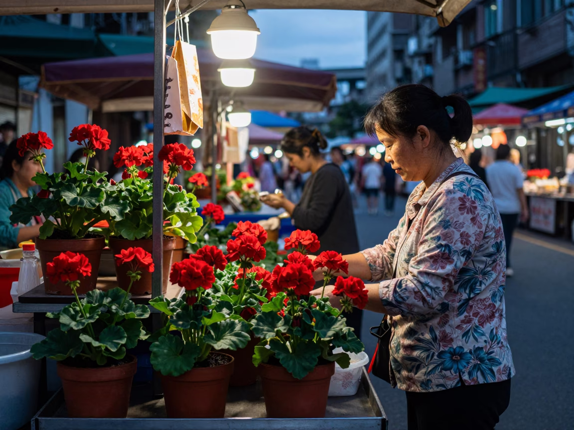 Taipei Night Market Stall Before Dawn with Geraniums and Glass Bottles in in Taipei, Taiwan