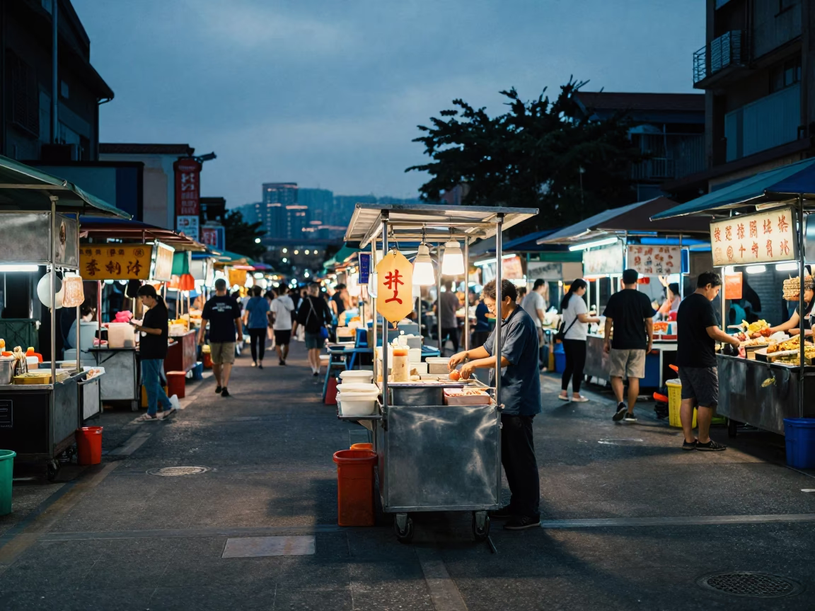 Taipei Night Market Stall Before Dawn with Rolling Carts and Cleaning Supplies in in Taipei, Taiwan