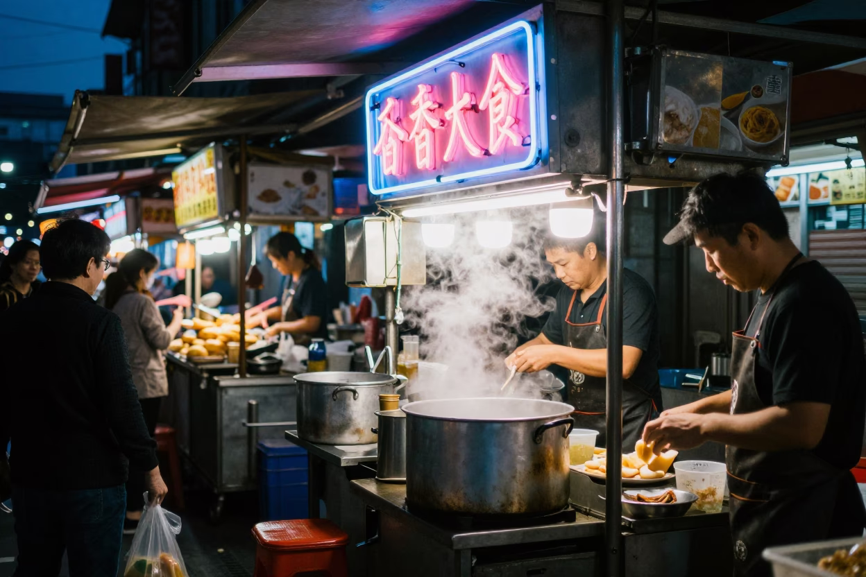 Taipei Night Market Stall Illuminated by Neon Lights and Steam in Predawn Darkness in in Taipei, Taiwan