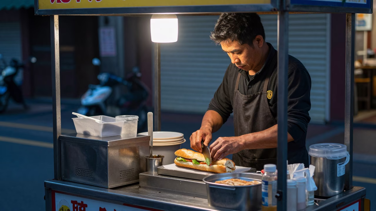 Taipei Night Market Stall Vendor Preparing Banh Mi Sandwiches Before Sunrise in in Taipei, Taiwan