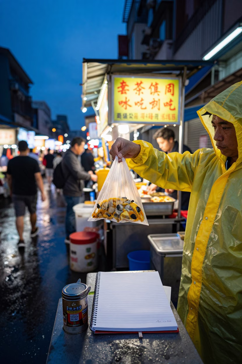 Taipei Night Market Stall With Coffee Tin and Notebook Amidst Blue Hour Lights in in Taipei, Taiwan