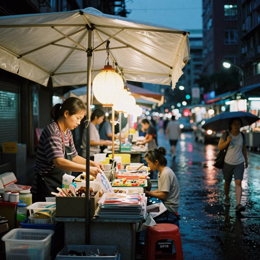 Taipei Night Market Stall with Lampshade and Rain-Slicked Street at Dusk in in Taipei, Taiwan