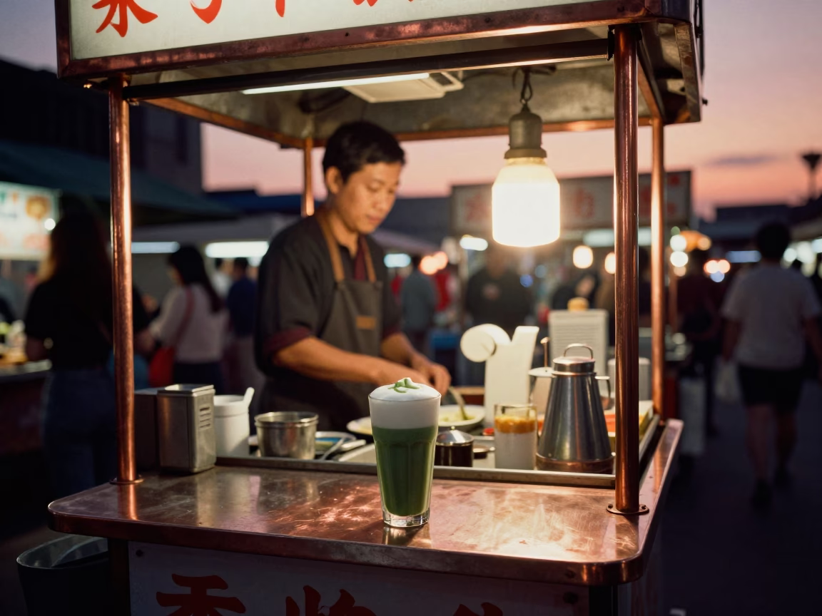 Taipei Night Market Stall with Matcha Latte and Tea Stains in Copper Dusk Light in in Taipei, Taiwan