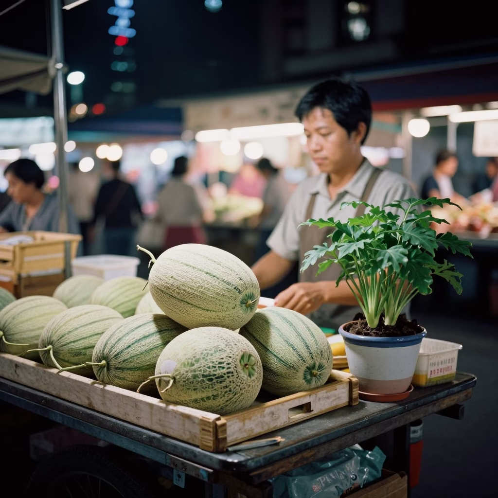 Taipei Night Market Stall with Melons and Plant Pot at Dusk in in Taipei, Taiwan
