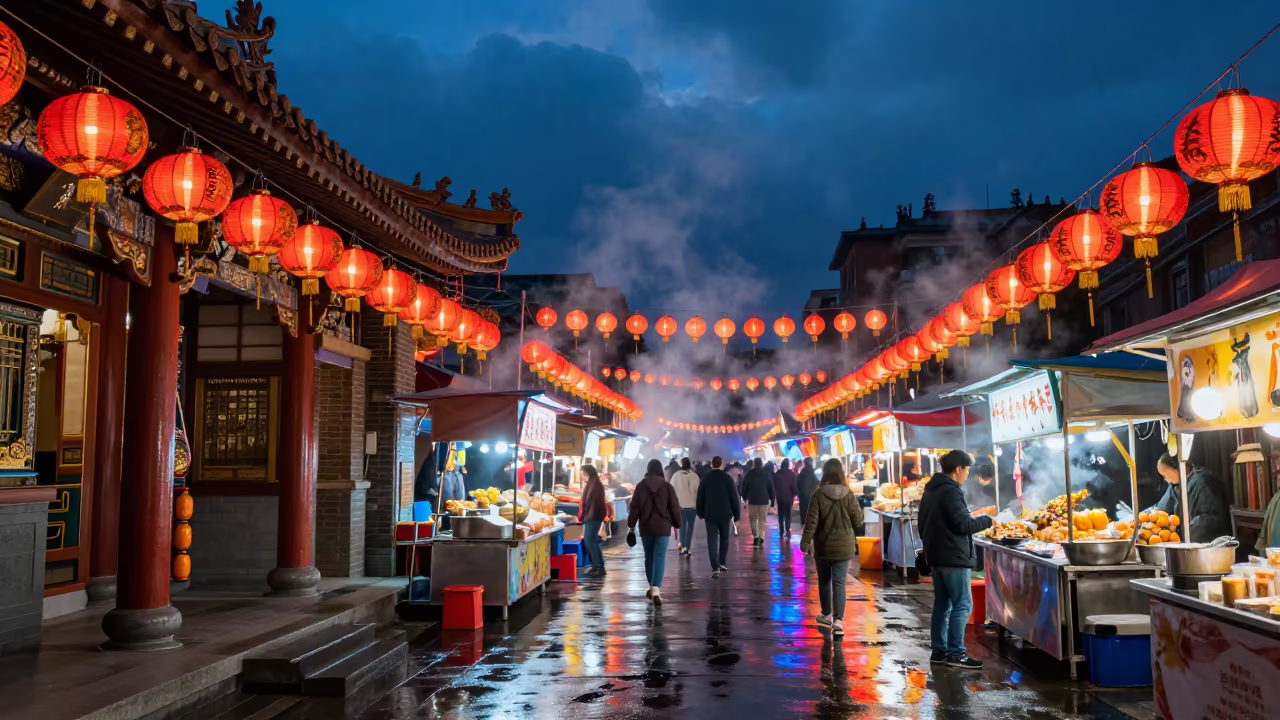 Taipei Night Market Steam Under Neon Lanterns in in a shrine lined with lanterns in Taipei