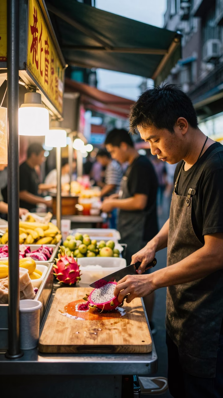 Taipei Night Market Street Food Stall with Dragon Fruit and Neon Lights in in Taipei, Taiwan