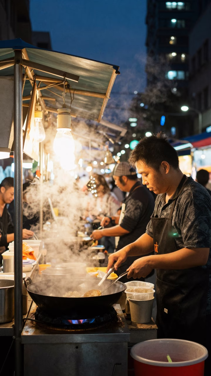 Taipei Night Market Street Food Stall with Steam and Neon Lights in in Taipei, Taiwan