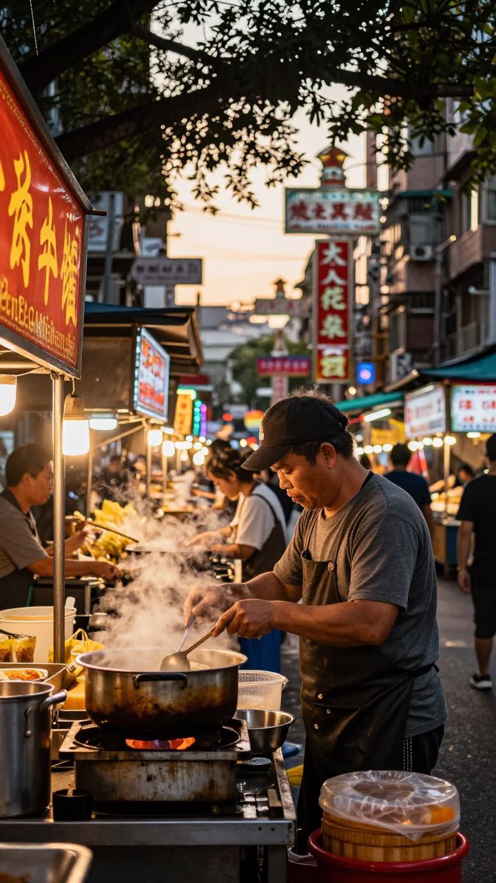 Taipei Night Market Street Food Vendor Preparing Hotpot During Golden Hour in in Taipei, Taiwan