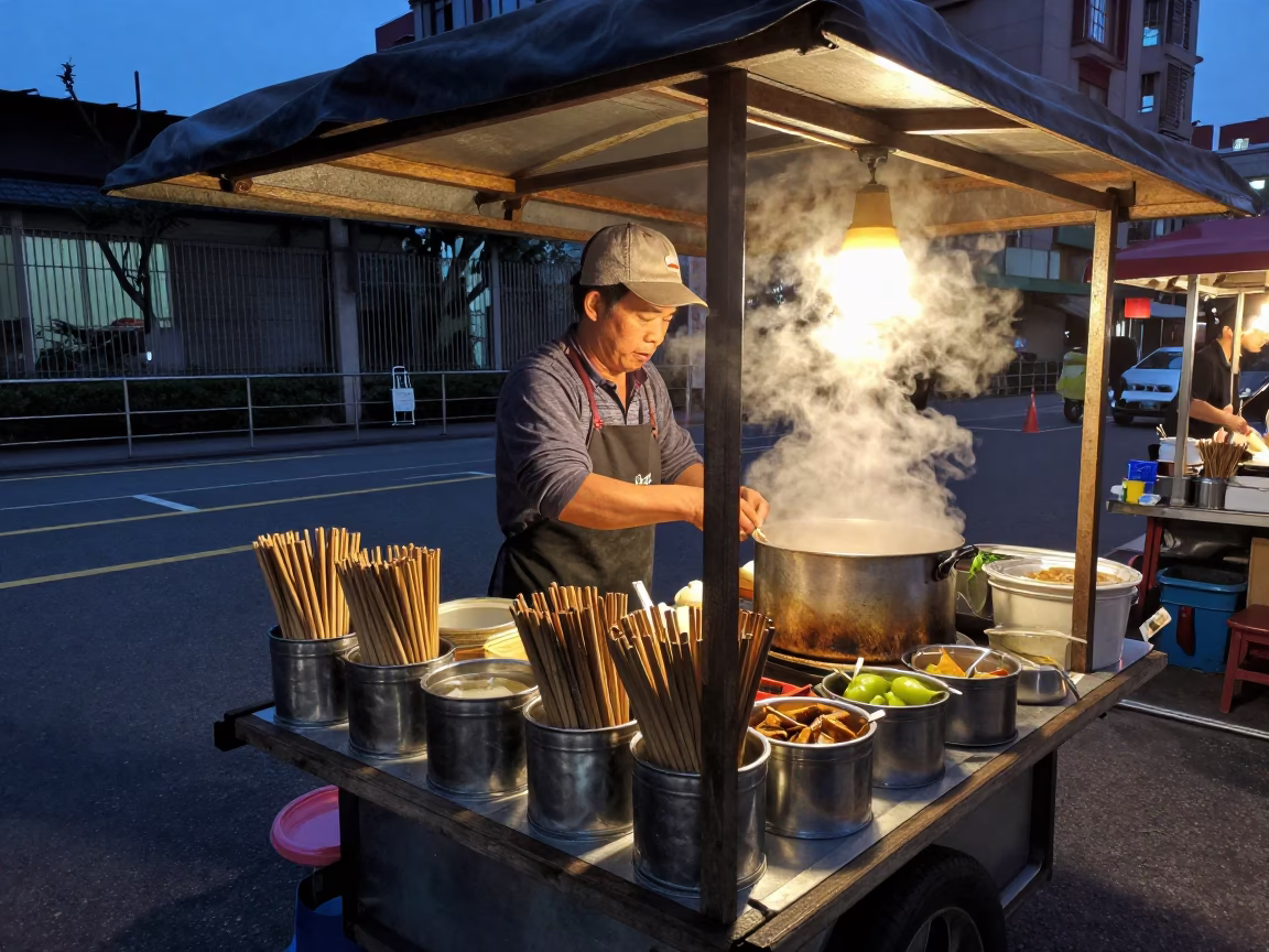 Taipei Night Market Street Food Vendor Preparing Ingredients Before Dawn in 1960s Taiwan in in Taipei, Taiwan