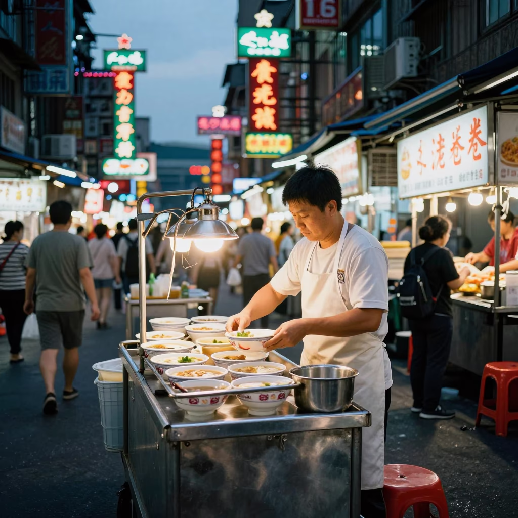 Taipei Night Market Street Food Vendor Preparing Soup Bowls at Dusk in in Taipei, Taiwan