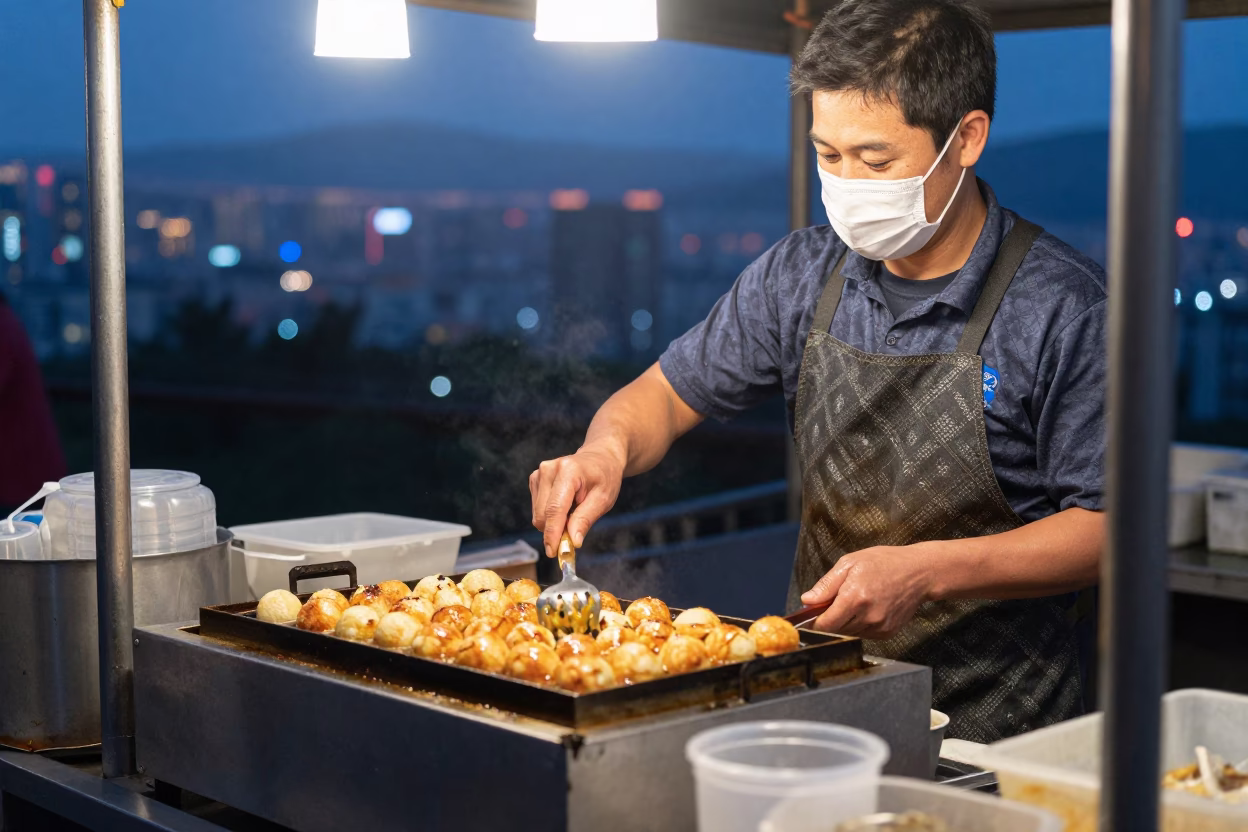 Taipei Night Market Street Food Vendor Preparing Takoyaki Under Glowing Neon Signs in in Taipei, Taiwan