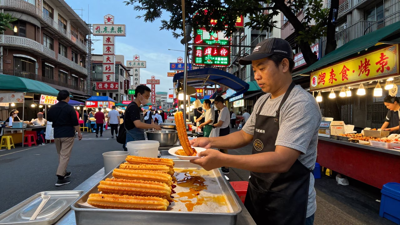 Taipei Night Market Street Food Vendor Serving Hot Churros with Chocolate Sauce in in Taipei, Taiwan