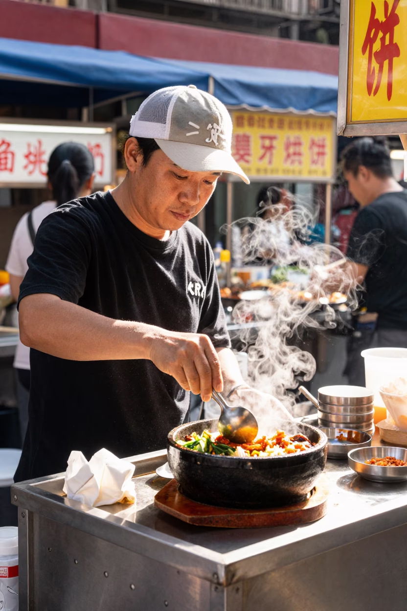 Taipei Night Market Street Food Vendor Serving Sizzling Dolsot Bibimbap in Bright Midmorning Light in in Taipei, Taiwan
