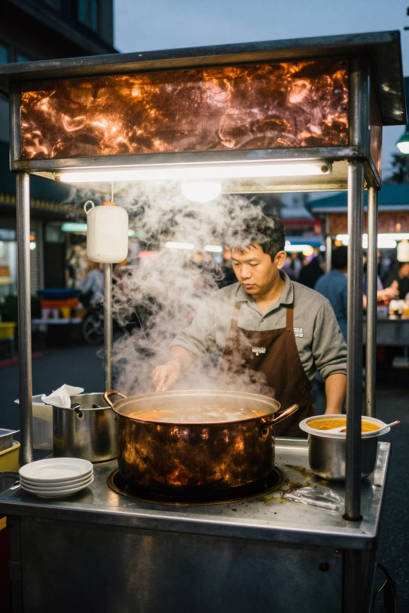 Taipei Night Market Street Food Vendor Steam Rising Under Warm Copper Dusk Light in in Taipei, Taiwan
