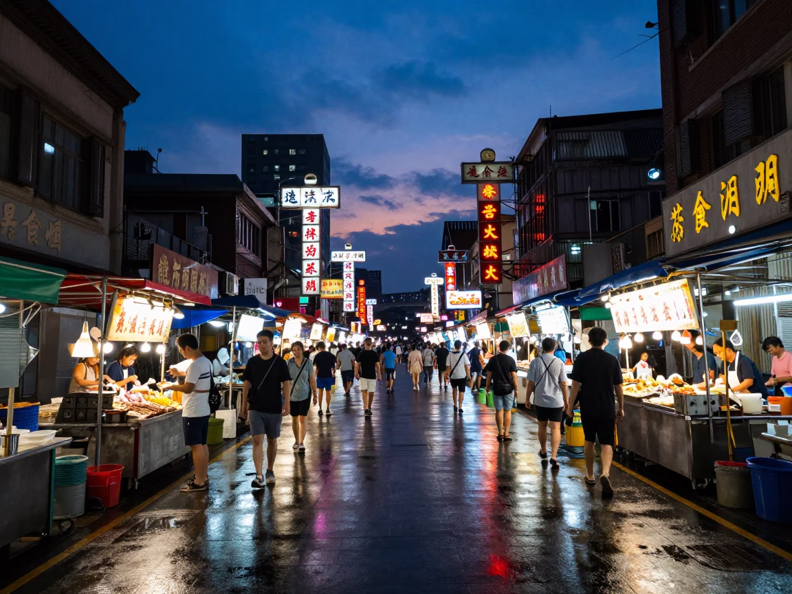 Taipei Night Market Street Scene in Indigo Twilight with Neon Signs and Busy Crowd in in Taipei, Taiwan