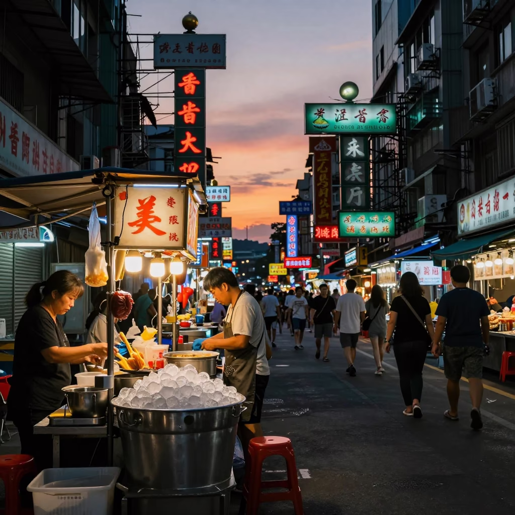 Taipei Night Market Street Scene with Neon Signs and Metal Bucket at Dusk in in Taipei, Taiwan