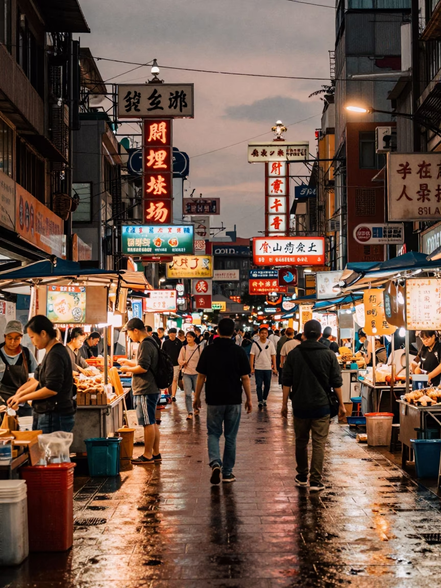 Taipei Night Market Street Scene with Neon Signs and Wet Pavement in Copper Light in in Taipei, Taiwan