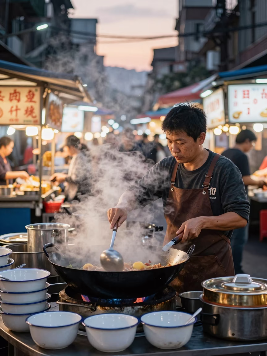 Taipei Night Market Street Vendor Cooking with Enamel Bowls at Sunset in in Taipei, Taiwan