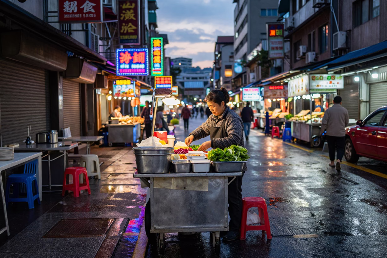 Taipei Night Market Street Vendor Preparing Food Before Sunrise with Colorful Ingredients in in Taipei, Taiwan