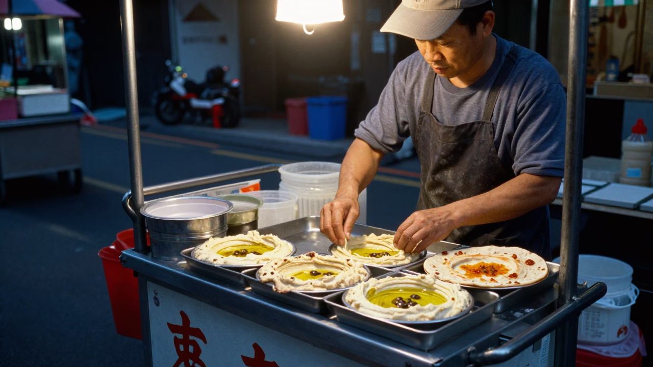 Taipei Night Market Street Vendor Preparing Fresh Hummus and Dates Before Sunrise in in Taipei, Taiwan