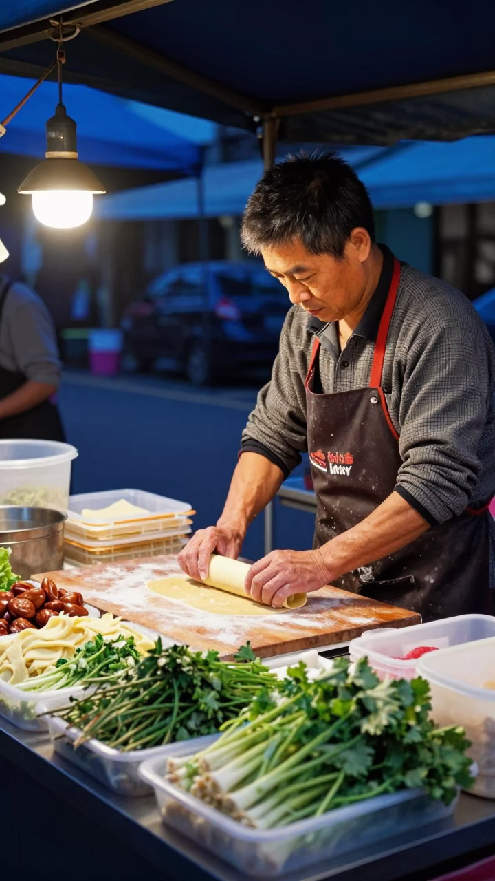 Taipei night market vendor preparing fresh ingredients before dawn with steam and neon lights in in Taipei, Taiwan