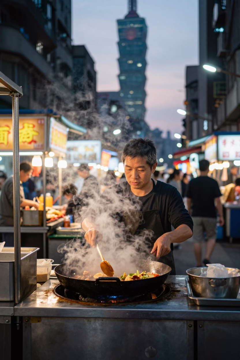 Taipei Night Market Vendor Serving Hot Skillet Food Under Neon Lights Before Dawn in in Taipei, Taiwan