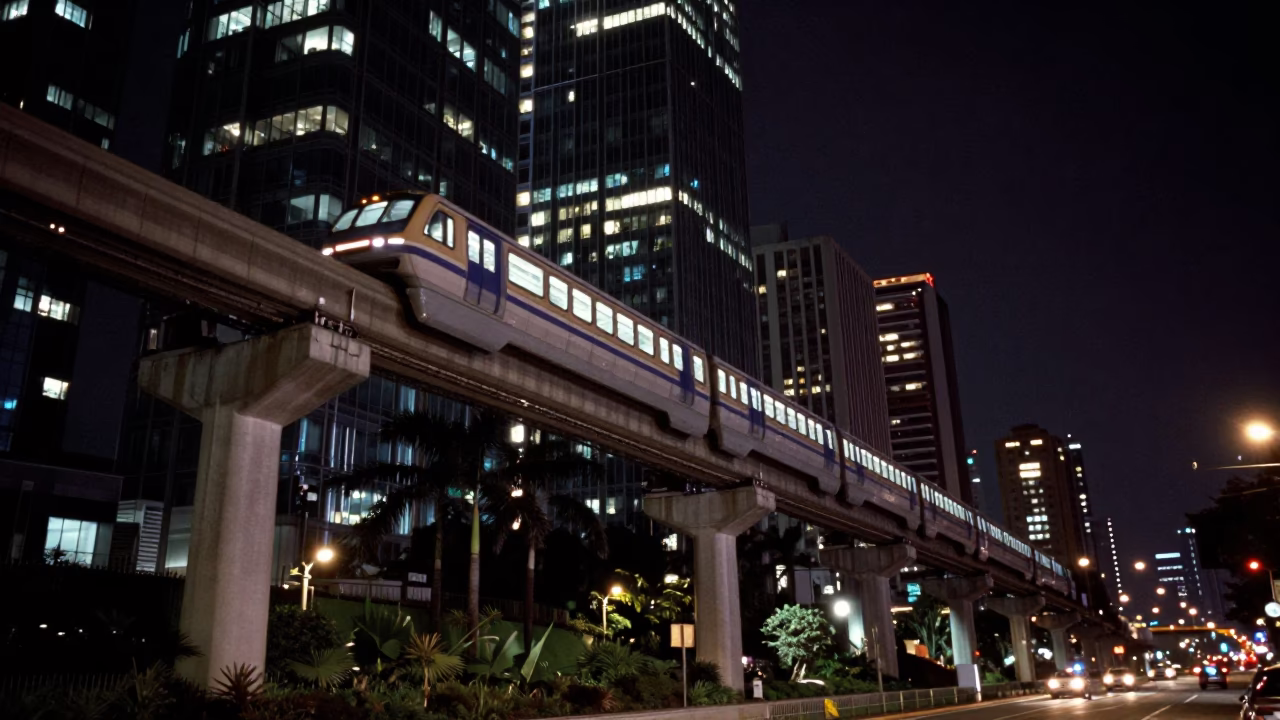 Taipei Night Street Scene With Monorail Passing Glass Towers And Palm Trees in in Taipei, Taiwan