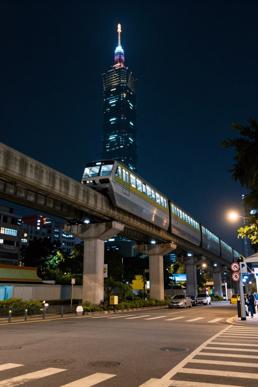 Taipei Night Street Scene with Monorail Passing Overhead and Wet Pavement Reflections in in Taipei, Taiwan