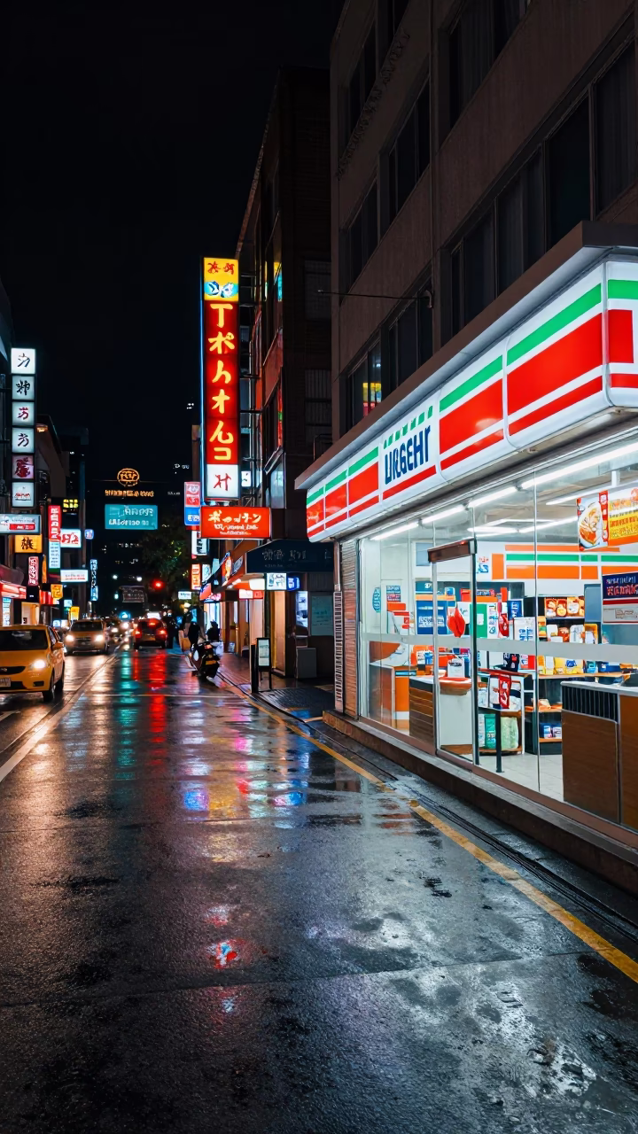 Taipei Night Street Scene with Neon Lights and Clear Glass Storefront Reflections in in Taipei, Taiwan