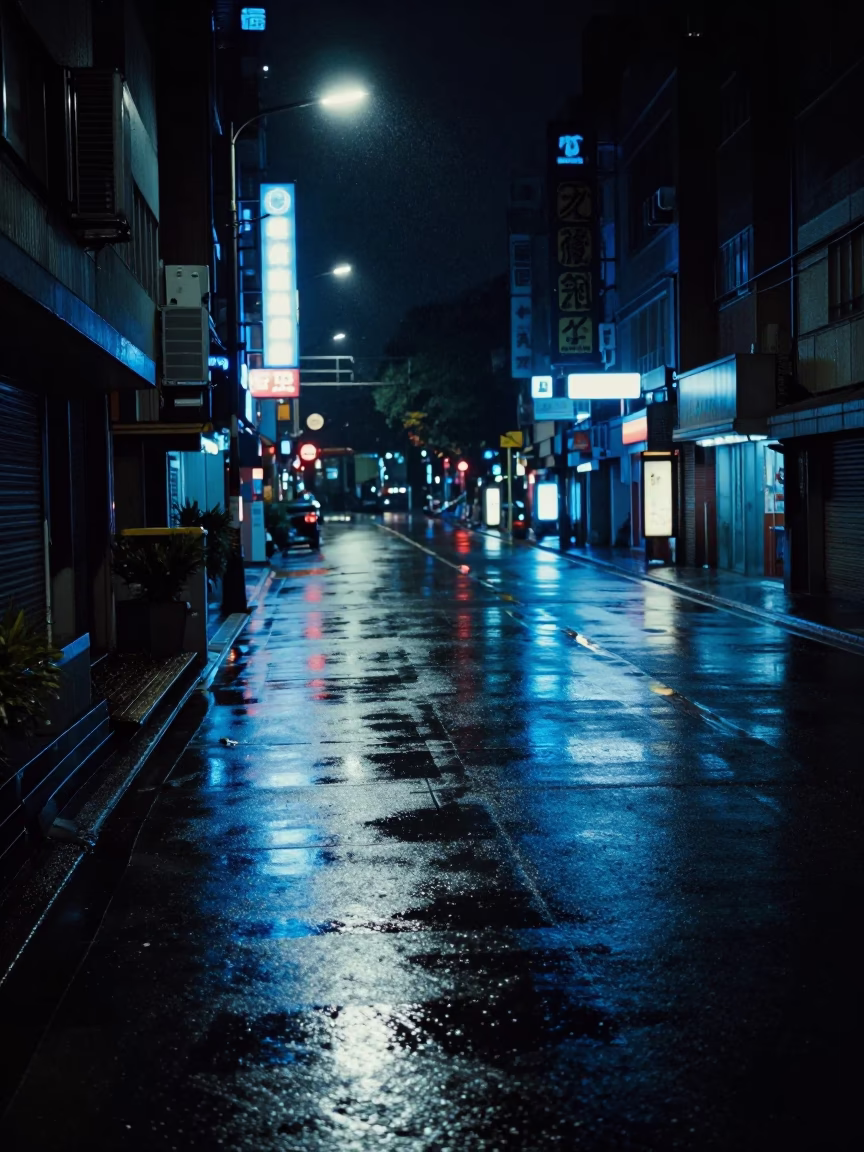 Taipei Night Street Scene with Neon Reflections and Urban Life in in Taipei, Taiwan