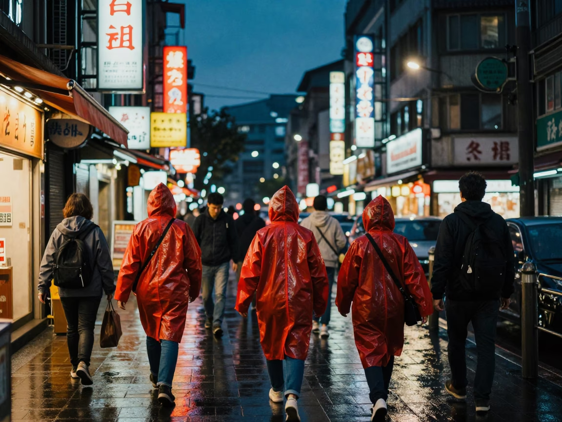 Taipei Night Street Scene with Raincoats and Neon Lights in 1980s in in Taipei, Taiwan