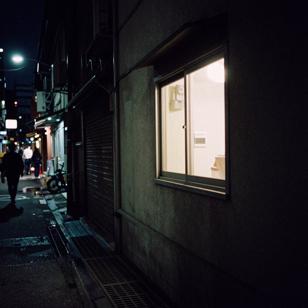 Taipei Night Street Scene with Window Light Reflecting on Drain and Sill Edge in in Taipei, Taiwan
