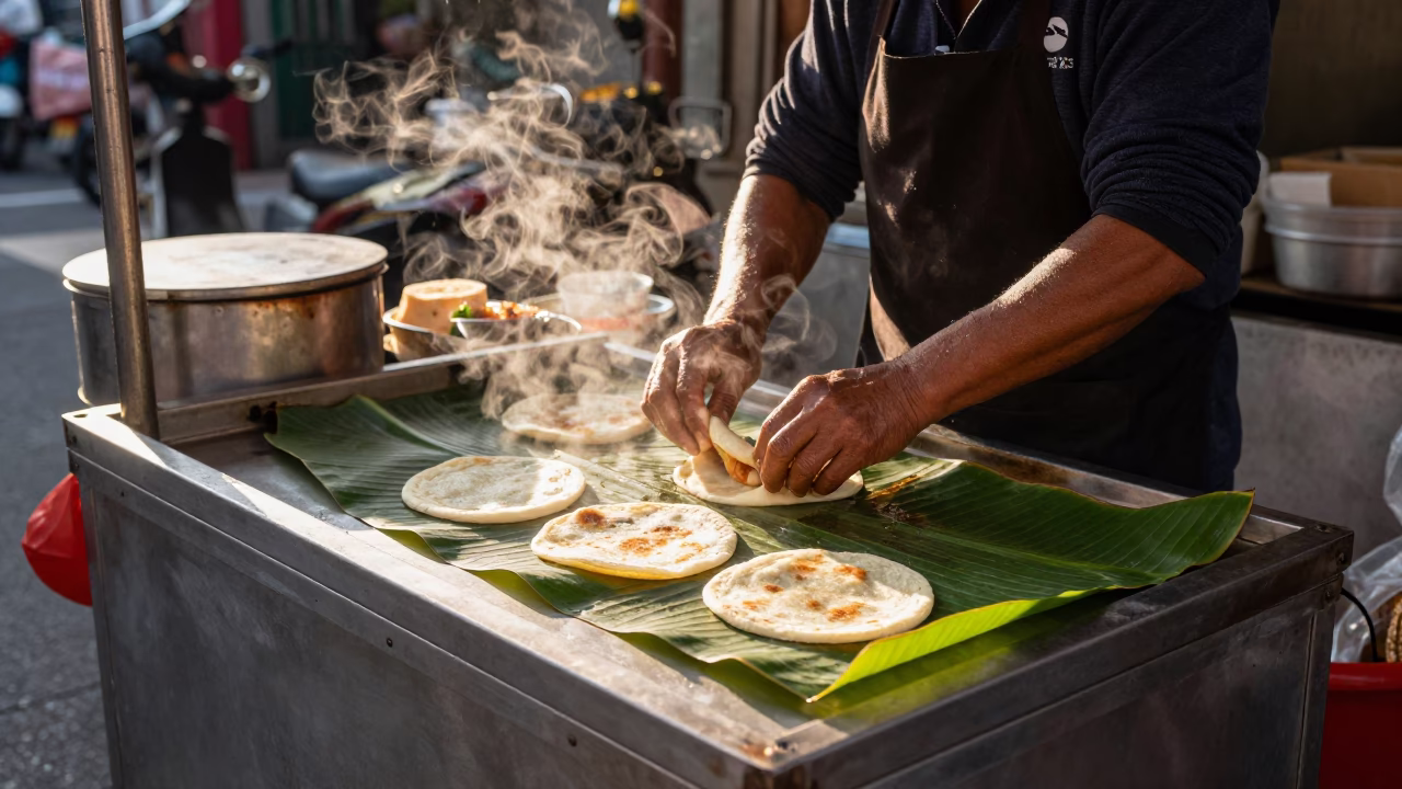 Taipei Preparing Pupusas at The Early Afternoon Light in in Taipei, Taiwan