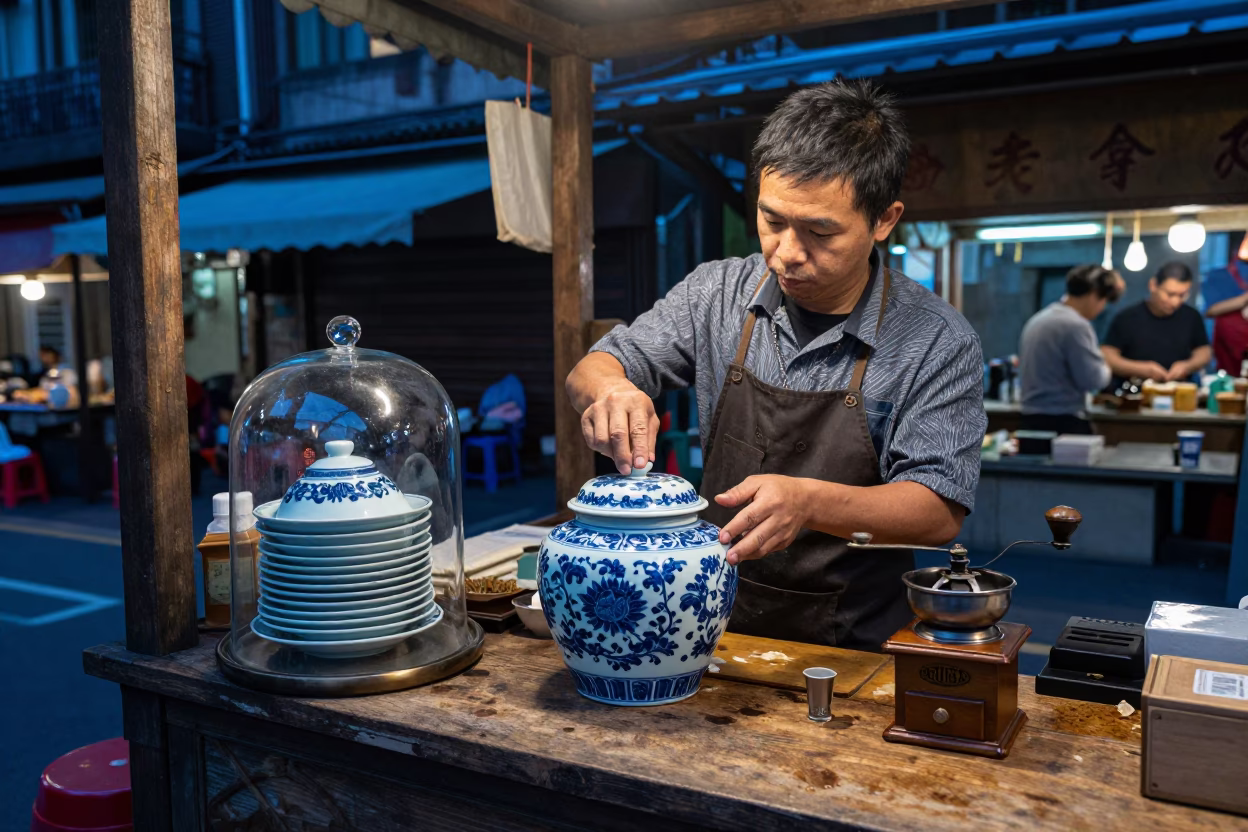 Taipei Preparing Tea at Blue Hour in in Taipei, Taiwan
