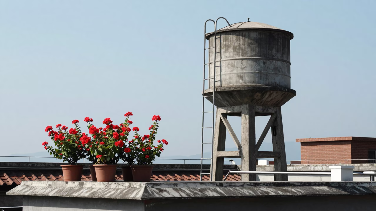 Taipei Rooftop Water Tower and Flowering Plant in Midday Sunlight 1990s Photograph in in Taipei, Taiwan