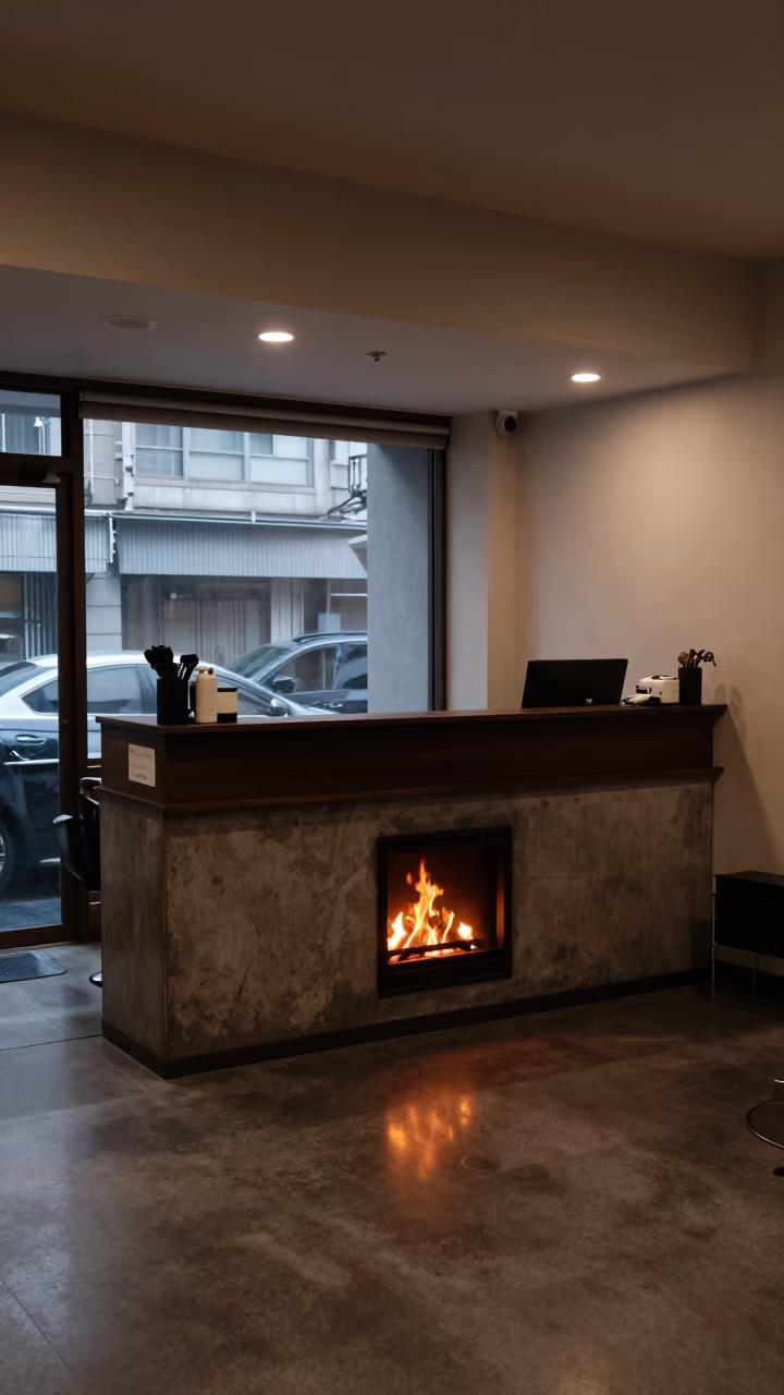Taipei Salon Counter Predawn Firelight in inside a salon row in Taipei