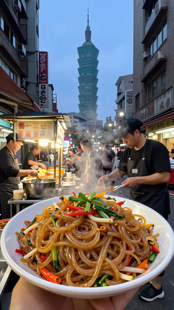 Taipei Serving Japchae at The Early Evening Light in in Taipei, Taiwan