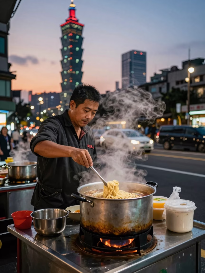 Taipei Steaming Noodles at As City Lights Begin To Glow in in Taipei, Taiwan