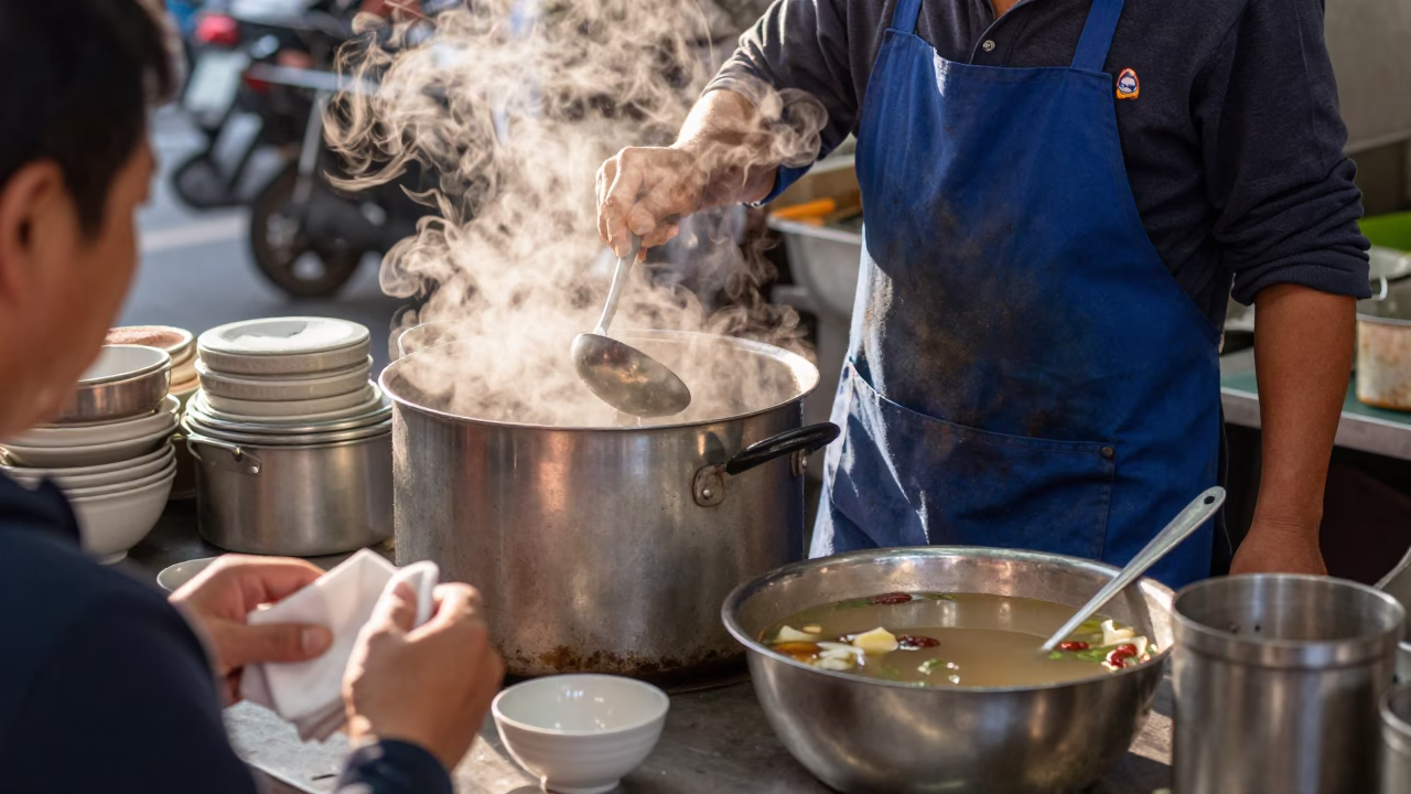 Taipei Street Breakfast Scene with Ceramic Bowls and Steel Utensils at Dawn in in Taipei, Taiwan