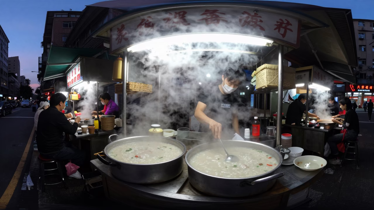 Taipei Street Breakfast Stall Before Dawn with Steam, Coffee, and Busy Local Morning Routine in in Taipei, Taiwan